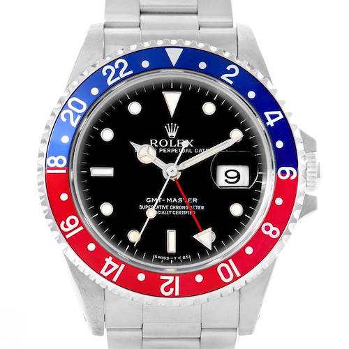 The image shows a frontal view of a Rolex GMT-Master 16700 Men's Stainless Steel Black Dial 16700 Men's Stainless Steel Black Dial watch featuring a red and blue bezel, black dial, and stainless steel bracelet.