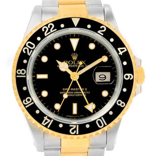 The image shows a front view of the Rolex GMT-Master 16713 Men's Stainless Steel Black Dial 16713 Men's Stainless Steel Black Dial II watch, highlighting its black dial, date window, and two-tone bezel.