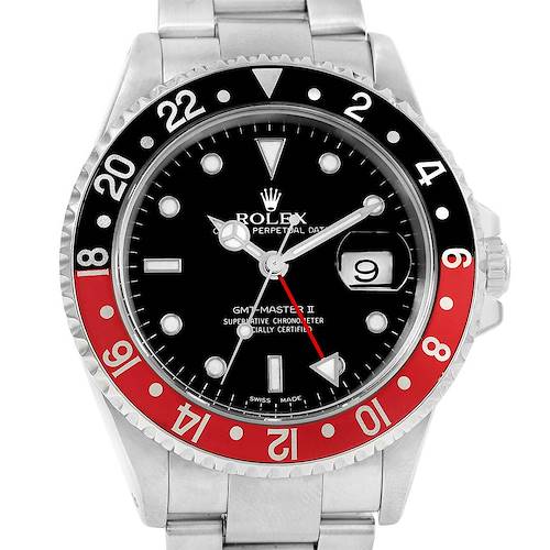 This image shows a front view of a Rolex GMT-Master 16710 Men's Stainless Steel Black Dial 16710 Men's Stainless Steel Black Dial II watch, displaying the dial, bezel, and part of the bracelet.