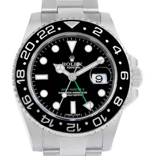 This Rolex GMT-Master 116710 Men's Stainless Steel Black Dial 116710 Men's Stainless Steel Black Dial II watch is shown from a front angle, highlighting its black bezel, dial, and bracelet.