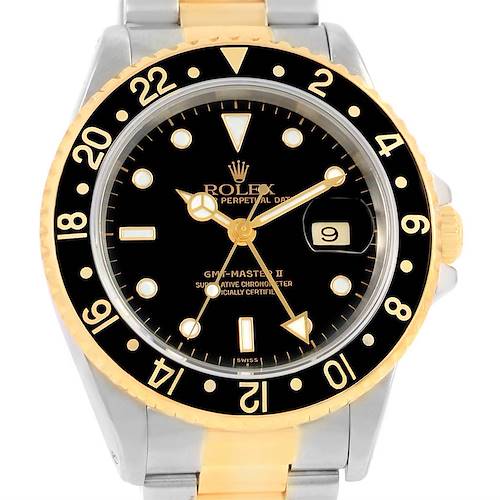 The image shows a front view of a Rolex GMT-Master 16713 Men's Stainless Steel Black Dial 16713 Men's Stainless Steel Black Dial II watch, highlighting the dial, bezel, and part of the bracelet.