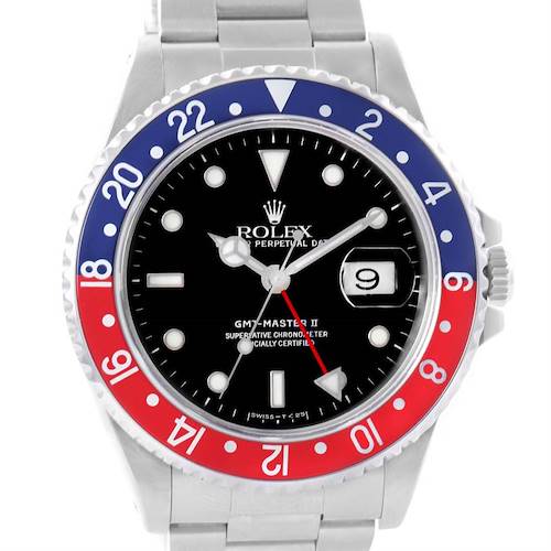 This image shows a Rolex GMT-Master 16710 Men's Stainless Steel Black Dial 16710 Men's Stainless Steel Black Dial II watch from a front angle, highlighting its dial, bezel, and bracelet.