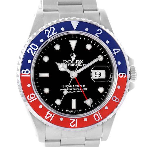 The image shows a front view of a Rolex GMT-Master 16710 Men's Stainless Steel Black Dial 16710 Men's Stainless Steel Black Dial II watch with a "Pepsi" bezel, black dial, and silver bracelet.