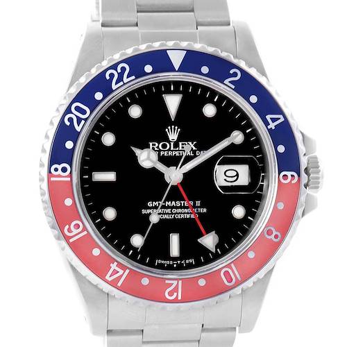 The image shows the front view of a Rolex GMT-Master 16710 Men's Stainless Steel Black Dial 16710 Men's Stainless Steel Black Dial II watch, featuring a red and blue bezel and a black dial.