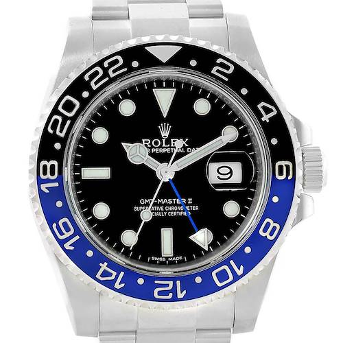 This image shows a front view of the Rolex GMT-Master 116710 Men's Stainless Steel Black Dial 116710 Men's Stainless Steel Black Dial II watch, highlighting the dial, hands, bezel, and part of the bracelet.