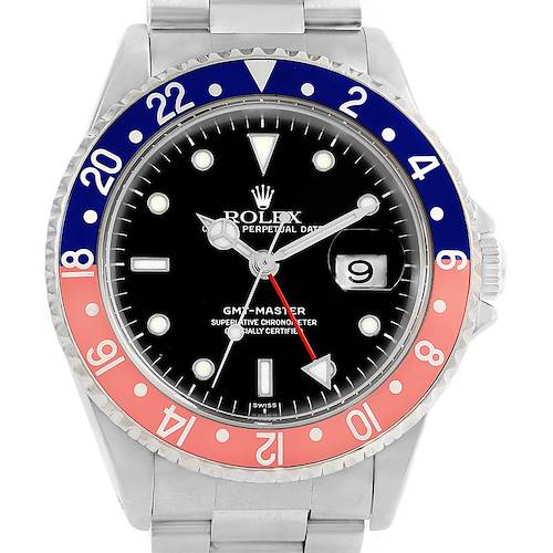 The image shows a front view of the Rolex GMT-Master 16700 Men's Stainless Steel Black Dial 16700 Men's Stainless Steel Black Dial watch, highlighting its black dial and red-blue bezel.