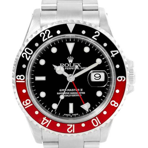The image shows a front view of the Rolex GMT-Master 16710 Men's Stainless Steel Black Dial 16710 Men's Stainless Steel Black Dial II watch, highlighting its dial, bezel, hands, and date window.