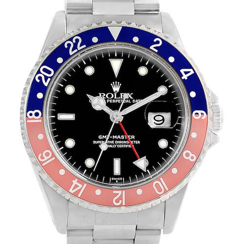 This image shows a front view of a Rolex GMT-Master 16700 Men's Stainless Steel Black Dial 16700 Men's Stainless Steel Black Dial watch featuring a red and blue bezel with a black dial.