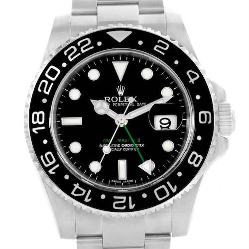 The image shows a front view of a Rolex GMT-Master 116710 Men's Stainless Steel Black Dial 116710 Men's Stainless Steel Black Dial II watch, highlighting its face, bezel, and bracelet.