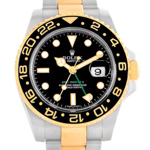 This Rolex GMT-Master 116713 Men's Stainless Steel Black Dial 116713 Men's Stainless Steel Black Dial watch is shown from a top-down angle, highlighting the bezel, dial, bracelet, and crown.