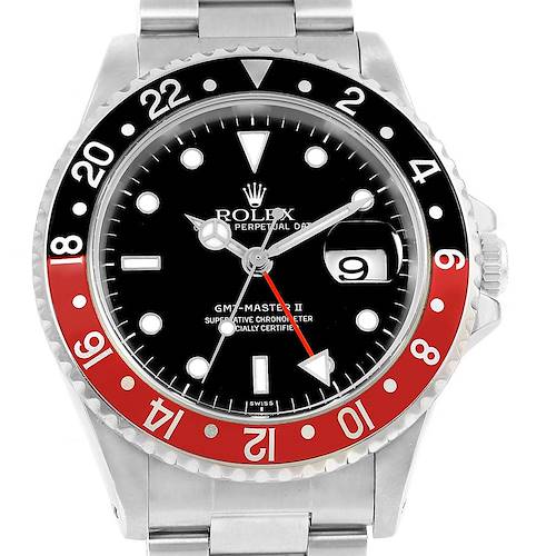 This image shows a frontal view of the Rolex GMT-Master 16710 Men's Stainless Steel Black Dial 16710 Men's Stainless Steel Black Dial II watch, highlighting its black and red bezel, dial, and bracelet.