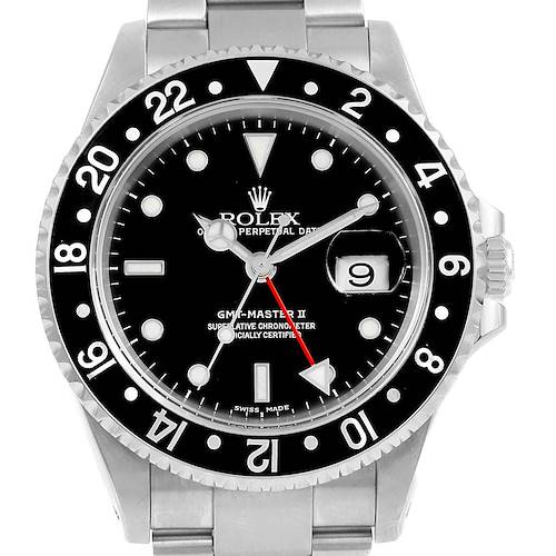 This image shows a front view of the Rolex GMT-Master 16710 Men's Stainless Steel Black Dial 16710 Men's Stainless Steel Black Dial II watch, displaying its black dial, GMT hand, and date window.