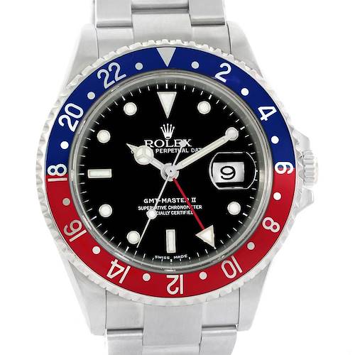 The image shows a front view of the Rolex GMT-Master 16710 Men's Stainless Steel Black Dial 16710 Men's Stainless Steel Black Dial II watch with a red and blue bezel and a black dial.