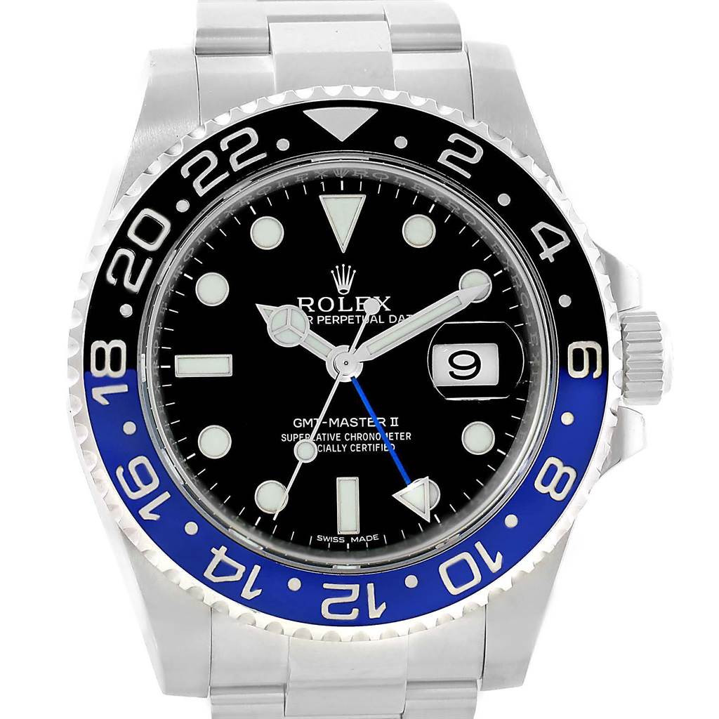 This image shows a frontal view of the Rolex GMT-Master 116710 Men's Stainless Steel Black Dial 116710 Men's Stainless Steel Black Dial watch, highlighting the bezel, face, and bracelet.