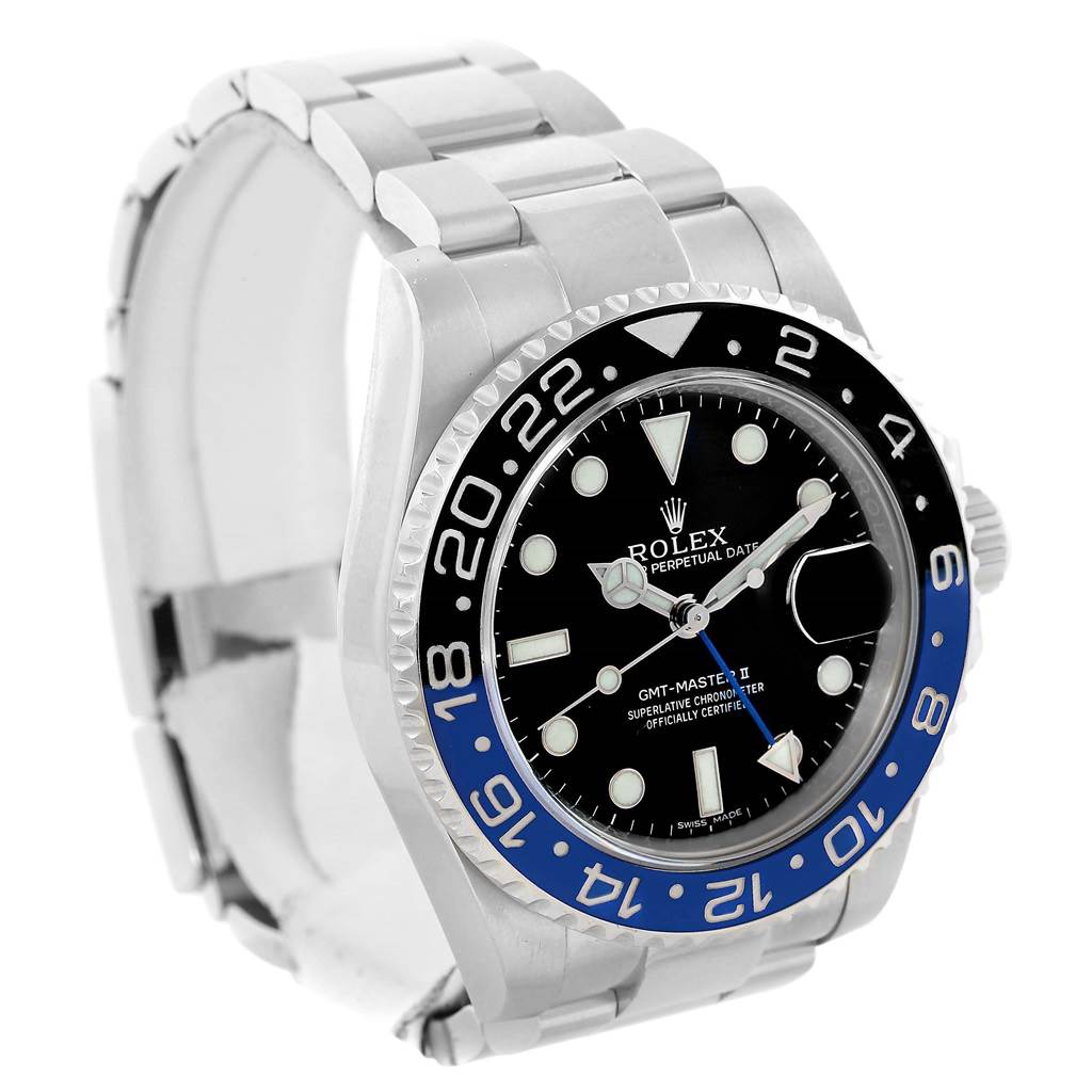 This image shows a Rolex GMT-Master 116710 Men's Stainless Steel Black Dial 116710 Men's Stainless Steel Black Dial II watch from a front angle, displaying its black and blue bezel, dial, and bracelet.