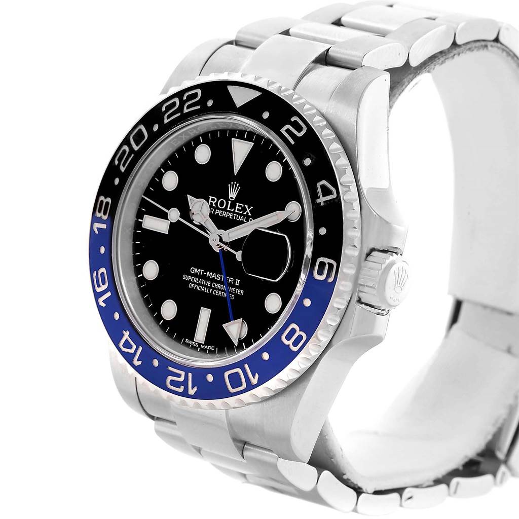 This image shows a Rolex GMT-Master 116710 Men's Stainless Steel Black Dial 116710 Men's Stainless Steel Black Dial II watch from a left-side angle, highlighting its bezel, crown, and bracelet.