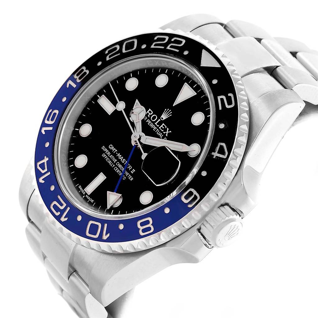 The image shows a side angle view of a Rolex GMT-Master 116710 Men's Stainless Steel Black Dial 116710 Men's Stainless Steel Black Dial watch, highlighting the bezel, face, crown, and part of the bracelet.