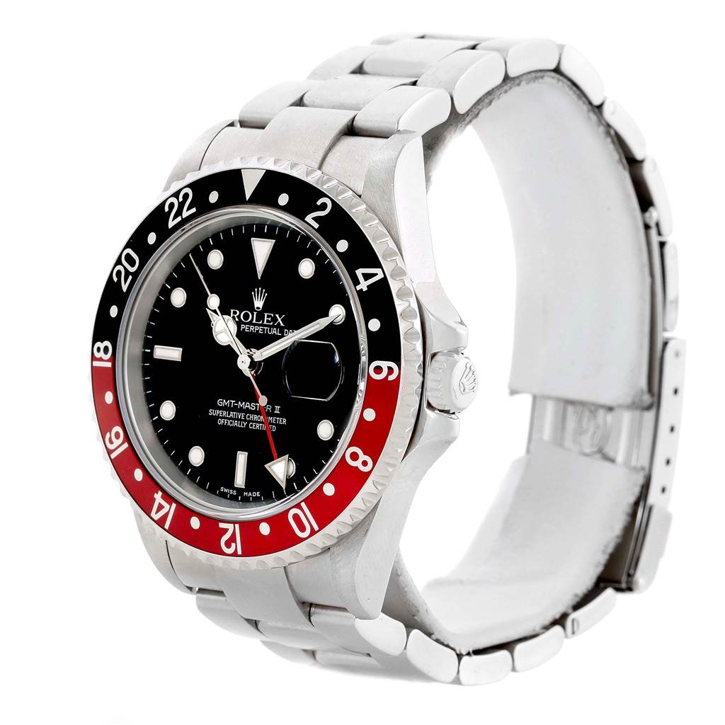 The image shows a front-side view of the Rolex GMT-Master 16710 Men's Stainless Steel Black Dial 16710 Men's Stainless Steel Black Dial, featuring its bezel, dial, and bracelet.