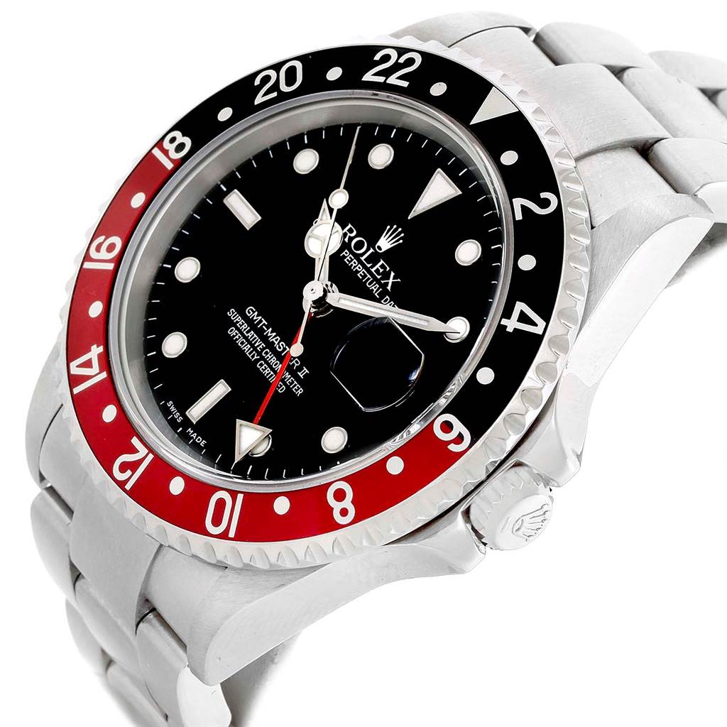 The image shows a close-up, angled view of a Rolex GMT-Master 16710 Men's Stainless Steel Black Dial 16710 Men's Stainless Steel Black Dial II watch, highlighting its bezel, dial, and part of the bracelet.