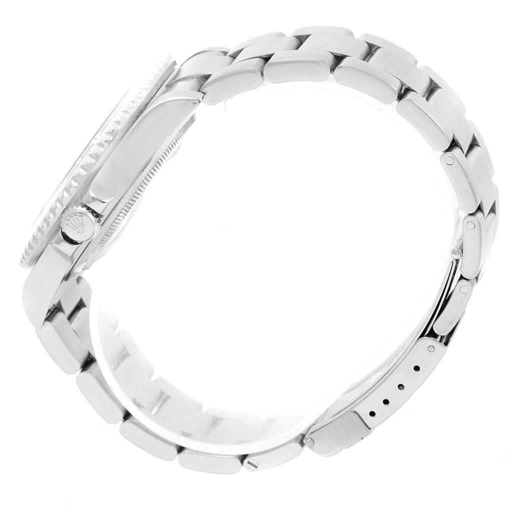 The image shows a side view of a Rolex GMT-Master 16710 Men's Stainless Steel Black Dial 16710 Men's Stainless Steel Black Dial watch, highlighting the case, crown, and bracelet.