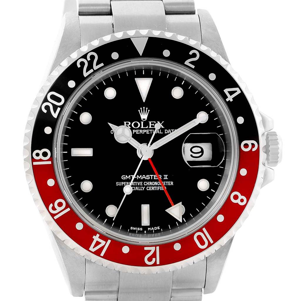 This image shows a front view of a Rolex GMT-Master 16710 Men's Stainless Steel Black Dial 16710 Men's Stainless Steel Black Dial II watch, highlighting its black and red bezel and dial.