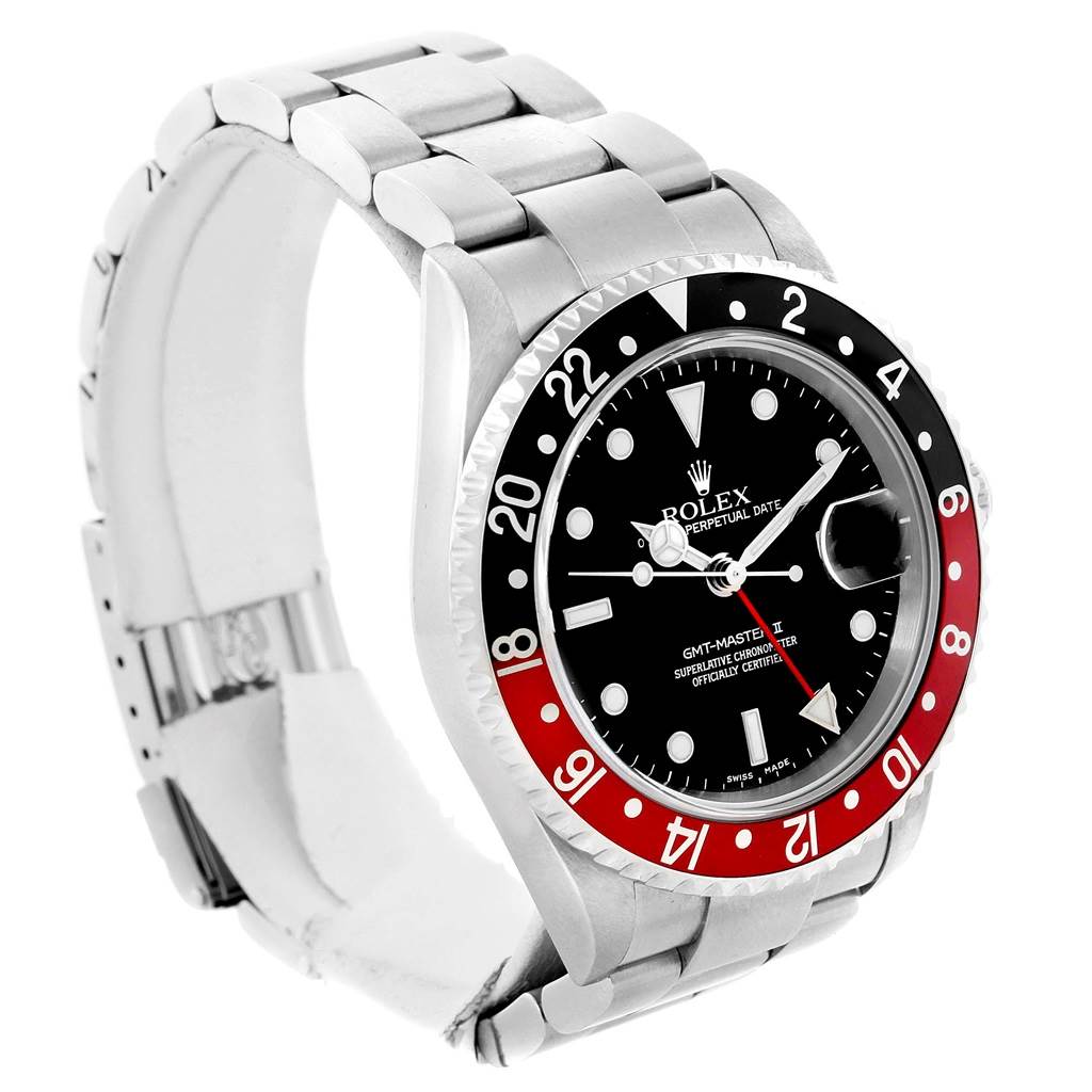 The Rolex GMT-Master 16710 Men's Stainless Steel Black Dial 16710 Men's Stainless Steel Black Dial watch is shown at a three-quarter angle, highlighting the dial, bezel, and metal bracelet.