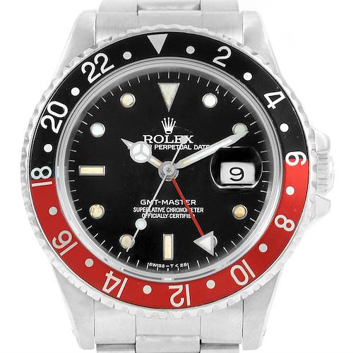 The image shows a front view of a Rolex GMT-Master 16700 Men's Stainless Steel Black Dial 16700 Men's Stainless Steel Black Dial watch, displaying its dial, bezel, and bracelet.