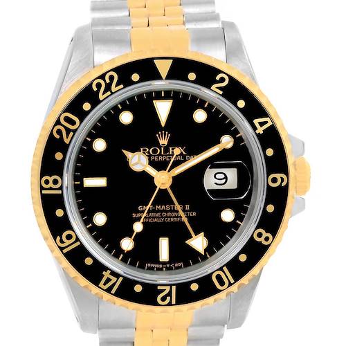 The Rolex GMT-Master 16713 Men's Stainless Steel Black Dial 16713 Men's Stainless Steel Black Dial watch is shown from the front, highlighting its dial, date window, bezel, and some parts of the bracelet.