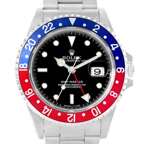 The image shows a front-view angle of a Rolex GMT-Master 16700 Men's Stainless Steel Black Dial 16700 Men's Stainless Steel Black Dial watch, highlighting its bezel and dial.
