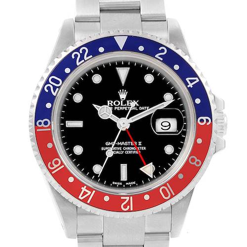 This image shows a frontal view of a Rolex GMT-Master 16710 Men's Stainless Steel Black Dial 16710 Men's Stainless Steel Black Dial II watch featuring a red and blue bezel and a black dial.