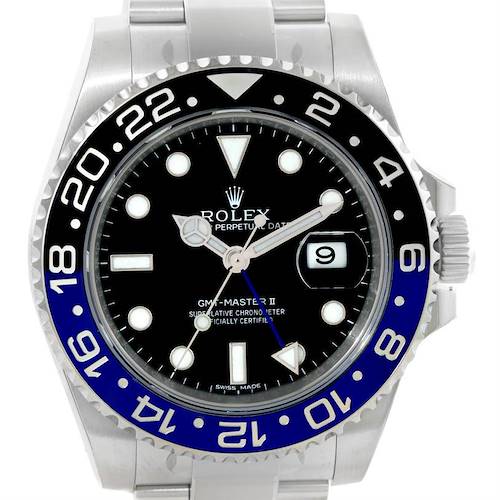 This image shows a front view of a Rolex GMT-Master 116710 Stainless Steel Black Dial 116710 Stainless Steel Black Dial II watch, highlighting the bezel, dial, hands, and date window.