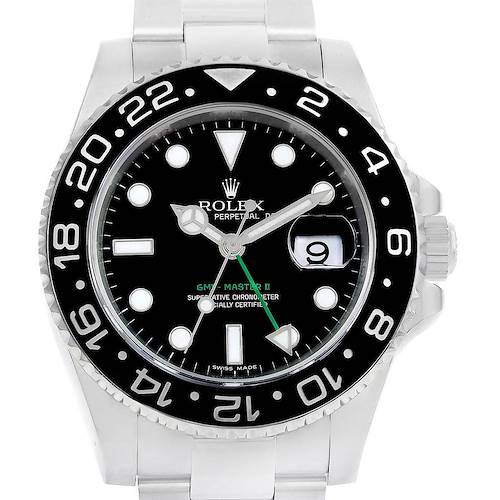 This image shows a front view of the Rolex GMT-Master 116710 Men's Stainless Steel Black Dial 116710 Men's Stainless Steel Black Dial II watch, highlighting the bezel, dial, hands, and date window.