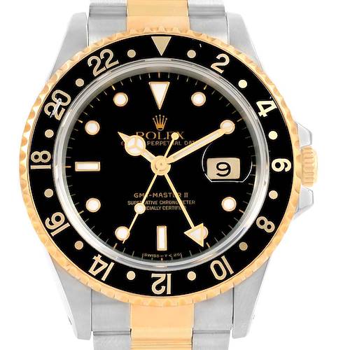 The image shows a front view of a Rolex GMT-Master 16713 Men's Stainless Steel Black Dial 16713 Men's Stainless Steel Black Dial II watch, highlighting its black dial, two-tone bracelet, and date window.