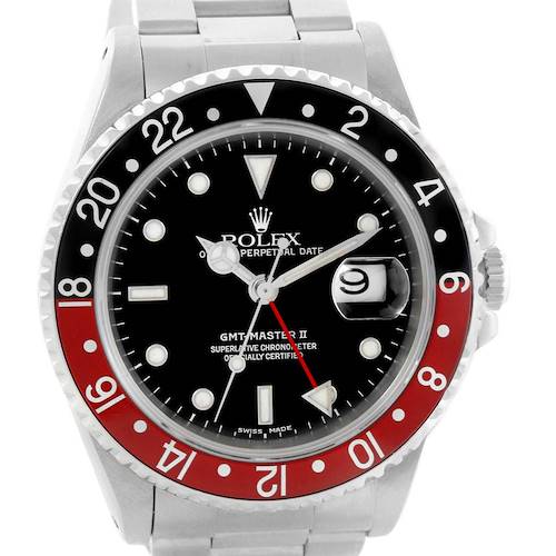 The Rolex GMT-Master 16710 Men's Stainless Steel Black Dial 16710 Men's Stainless Steel Black Dial II watch is shown from a front angle, highlighting its black and red bezel, dial, and bracelet.
