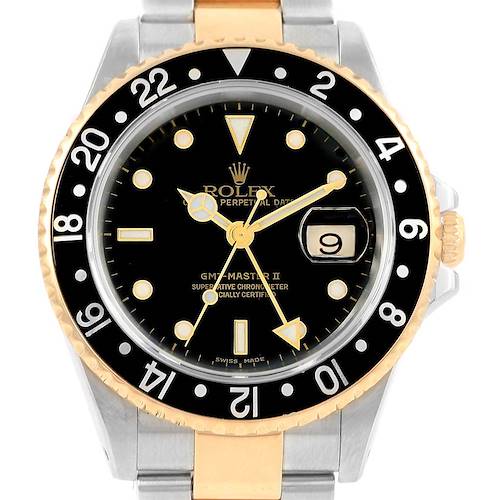 The image shows a front view of a Rolex GMT-Master 16713 Men's Stainless Steel Black Dial 16713 Men's Stainless Steel Black Dial II watch, highlighting the dial, bezel, and bracelet.