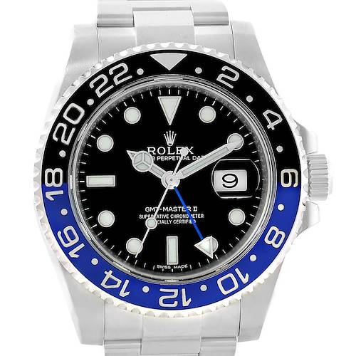 The Rolex GMT-Master 116710 Men's Stainless Steel Black Dial 116710 Men's Stainless Steel Black Dial watch is shown from a front angle, displaying the bezel, dial, hands, date, and part of the bracelet.