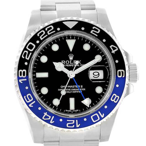 The image shows a front view of a Rolex GMT-Master 116710 Men's Stainless Steel Black Dial 116710 Men's Stainless Steel Black Dial II watch, highlighting its bezel, dial, hands, and date window.
