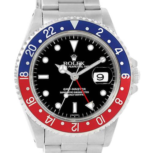 The image shows a front view of the Rolex GMT-Master 16700 Men's Stainless Steel Black Dial 16700 Men's Stainless Steel Black Dial watch, highlighting its bezel, dial, and date window.