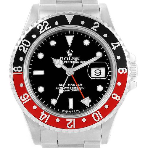 The image shows a frontal view of the Rolex GMT-Master 16700 Men's Stainless Steel Black Dial 16700 Men's Stainless Steel Black Dial watch, highlighting the bezel, dial, and date display.