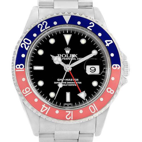 This image shows the face and part of the bracelet of a Rolex GMT-Master 16700 Men's Stainless Steel Black Dial 16700 Men's Stainless Steel Black Dial watch at a straight-on angle.