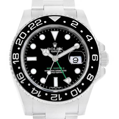 This image shows a front view of the Rolex GMT-Master 116710 Men's Stainless Steel Black Dial 116710 Men's Stainless Steel Black Dial II watch, displaying the dial, bezel, and bracelet.