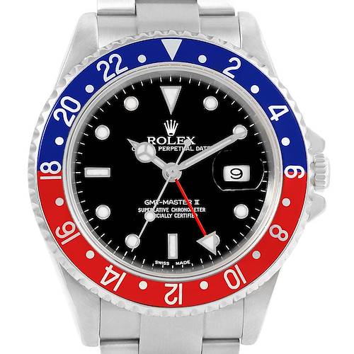 The image shows a front view of the Rolex GMT-Master 16710 Men's Stainless Steel Black Dial 16710 Men's Stainless Steel Black Dial II watch, highlighting its black dial and red-blue bezel.