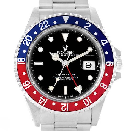 The image shows a frontal view of a Rolex GMT-Master 16700 Men's Stainless Steel Black Dial 16700 Men's Stainless Steel Black Dial watch, highlighting the bezel, dial, hands, and date window.
