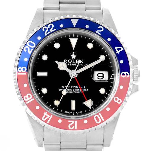 The image shows a front view of a Rolex GMT-Master 16700 Men's Stainless Steel Black Dial 16700 Men's Stainless Steel Black Dial watch featuring a black dial, red and blue bezel, and stainless steel bracelet.