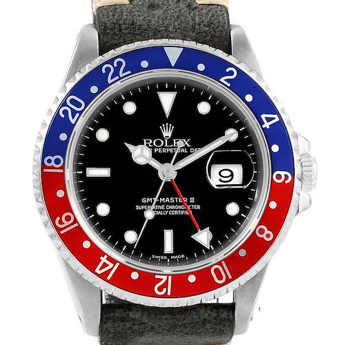 This image shows the front view of the Rolex GMT-Master 16710 Men's Stainless Steel Black Dial 16710 Men's Stainless Steel Black Dial II watch, including the dial, bezel, and part of the strap.