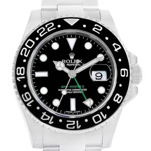 This image shows a frontal view of a Rolex GMT-Master 116710 Men's Stainless Steel Black Dial 116710 Men's Stainless Steel Black Dial II watch, highlighting its black bezel, dial, and date magnifier.