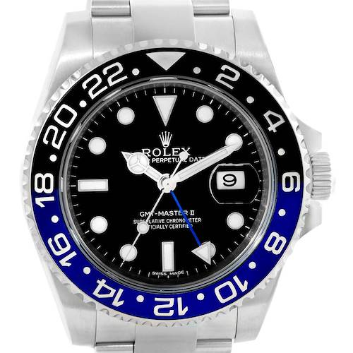 This is a close-up, frontal view of the face of a Rolex GMT-Master 116710 Men's Stainless Steel Black Dial 116710 Men's Stainless Steel Black Dial watch showing its bezel, dial, and hands.