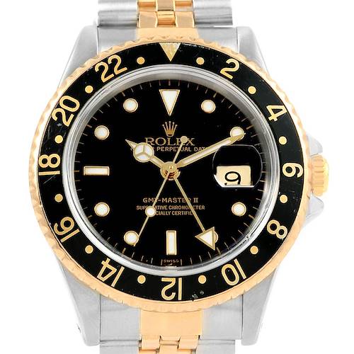 This image shows a front view of the Rolex GMT-Master 16713 Men's Stainless Steel Black Dial 16713 Men's Stainless Steel Black Dial II watch, highlighting the bezel, dial, hands, and bracelet.