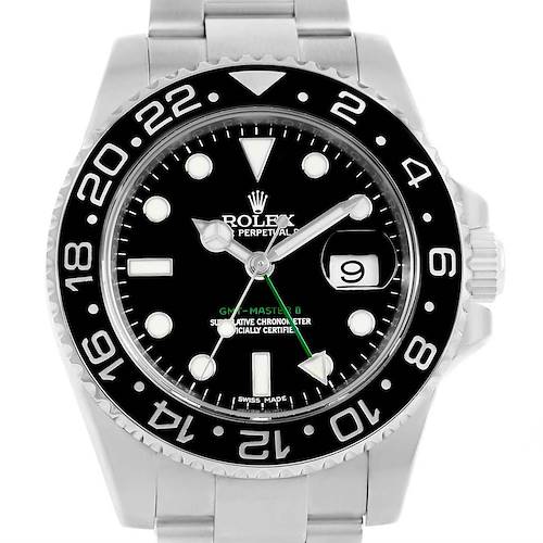 This image shows a front view of a Rolex GMT-Master 116710 Men's Stainless Steel Black Dial 116710 Men's Stainless Steel Black Dial watch, highlighting its bezel, dial, and bracelet, with the date window at 3 o'clock.