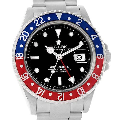 The image shows a front view of the Rolex GMT-Master 16710 Men's Stainless Steel Black Dial 16710 Men's Stainless Steel Black Dial II watch, displaying its bezel, dial, and bracelet.